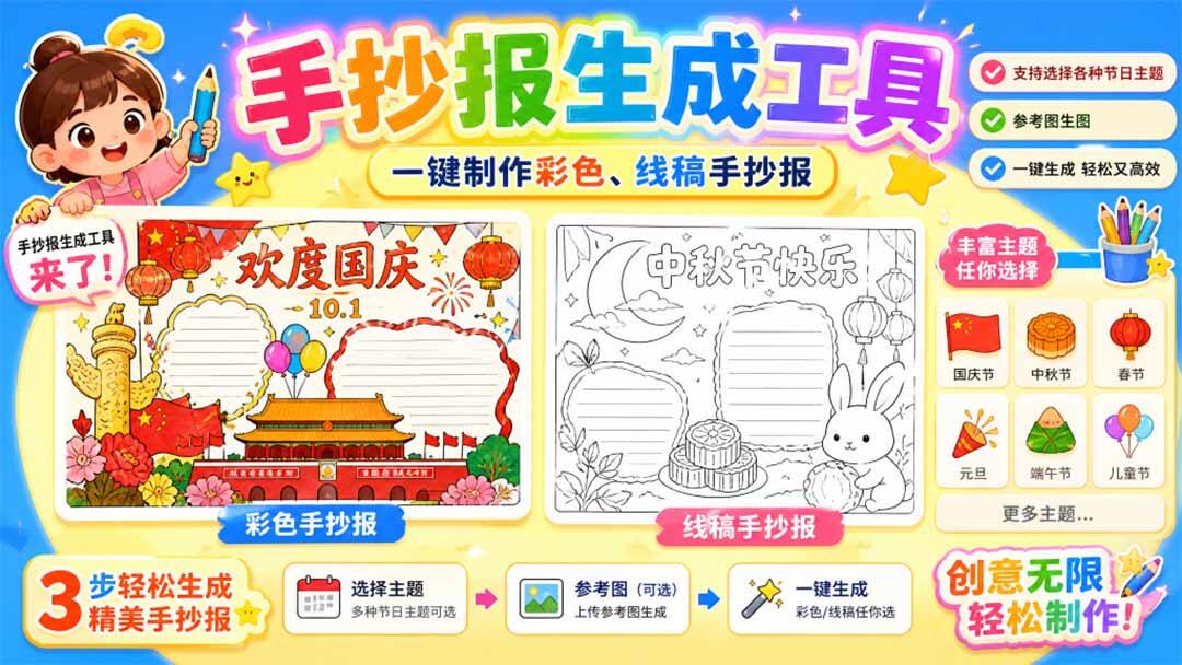 免费手抄报批量生成工具，节日模板批量出图，彩色图线稿一次生成高清无水印 - 缩略图