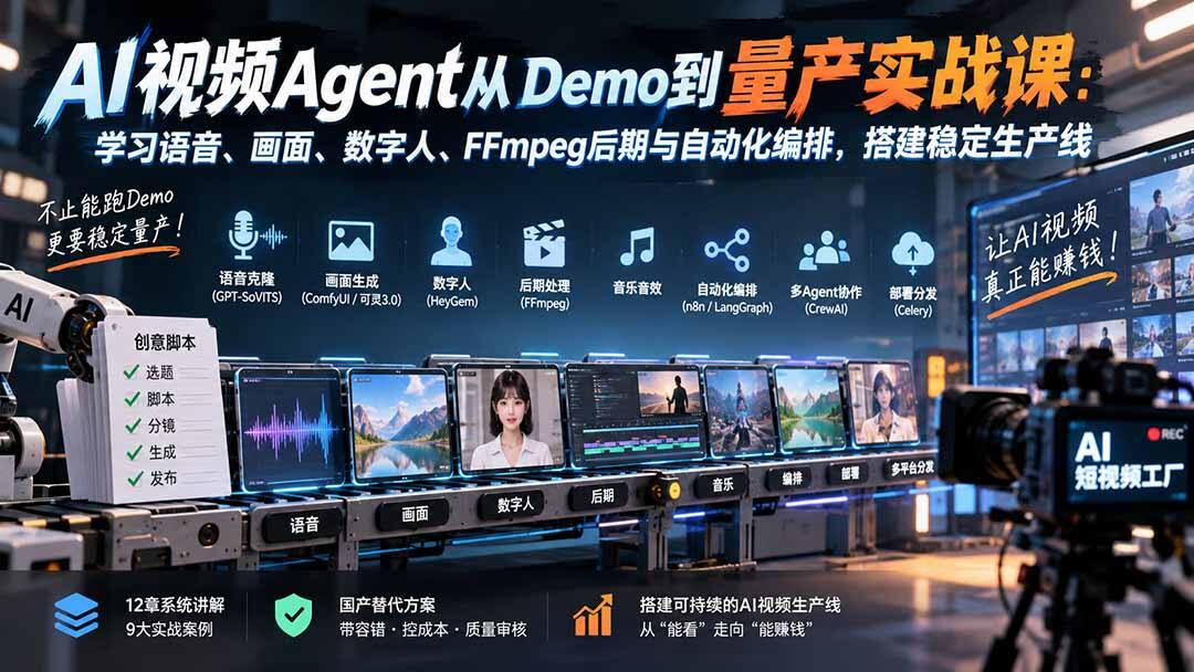 AI视频Agent量产实战，12章打通语音克隆、ComfyUI、数字人与n8n编排的生产线 - 缩略图