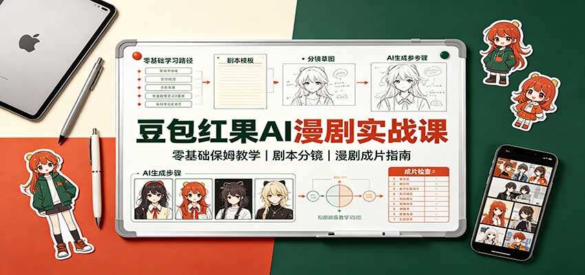 豆包+红果AI漫剧实战课，零基础保姆级教学，从剧本分镜到成片全流程拆解 - 缩略图