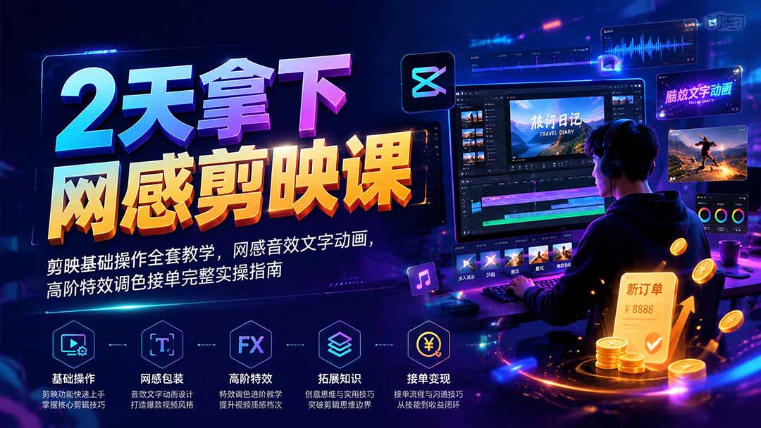2天搞定剪映网感剪辑，从基础操作到音效文字动画、高阶特效调色，接单变现全流程 - 缩略图