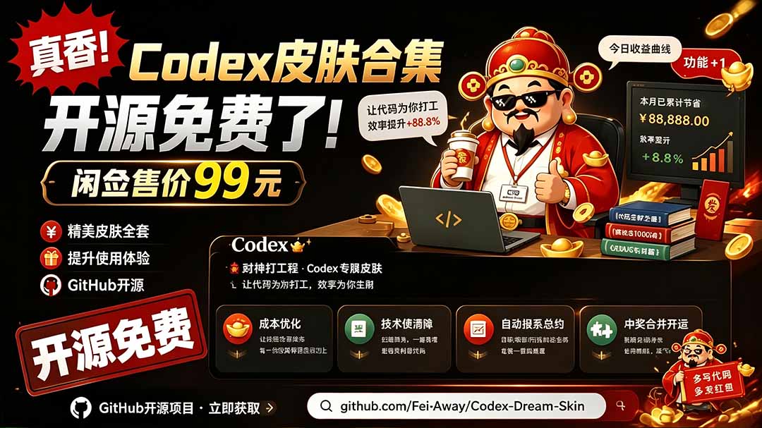 闲鱼卖99元的Codex皮肤包，GitHub免费开源了，一键换肤还支持自定义壁纸 - 缩略图