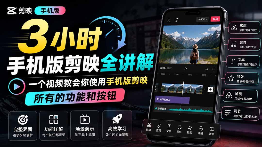 手机版剪映3小时全讲解，一次搞懂剪辑音频文本特效滤镜所有按钮功能 - 缩略图