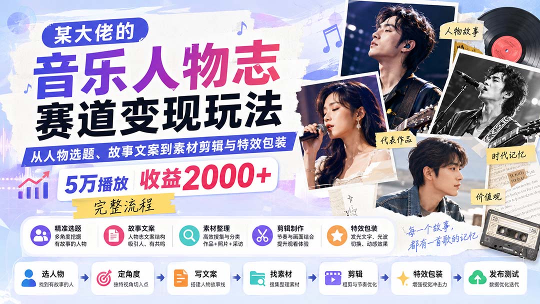 音乐人物志赛道变现，人物选题、故事文案、素材剪辑与特效包装完整流程 - 缩略图