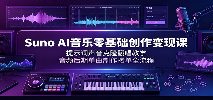 Suno AI音乐零基础创作课，提示词写歌到声音克隆翻唱，音频后期接单变现全流程 - 缩略图