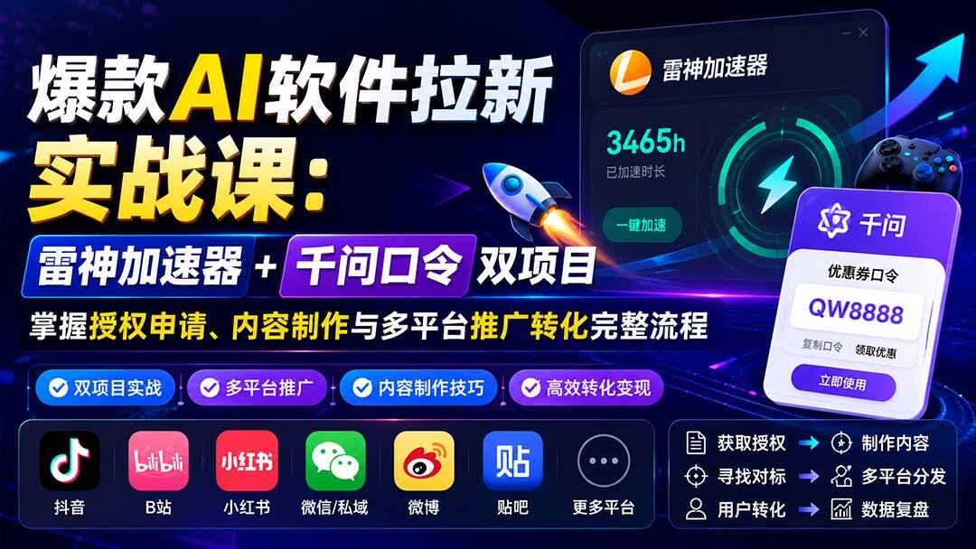 雷神加速器推广和千问口令拉新，爆款AI软件拉新从授权申请到多平台推广的完整实操 - 缩略图