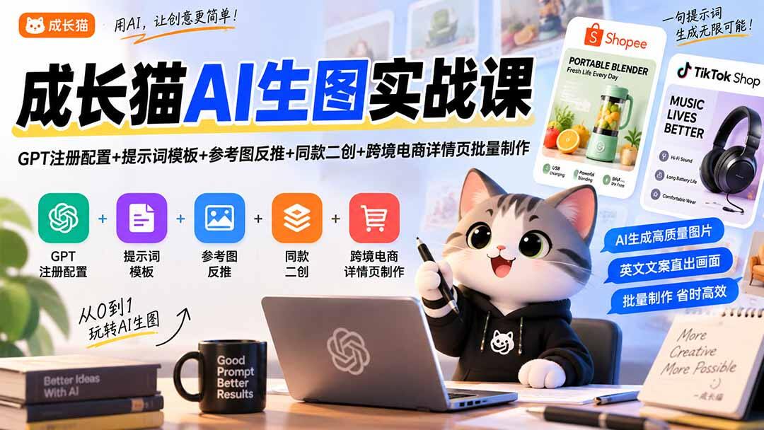 AI生图实战课，GPT注册配置、提示词模板、参考图反推，批量制作Shopee和TikTok Shop商品详情页 - 缩略图