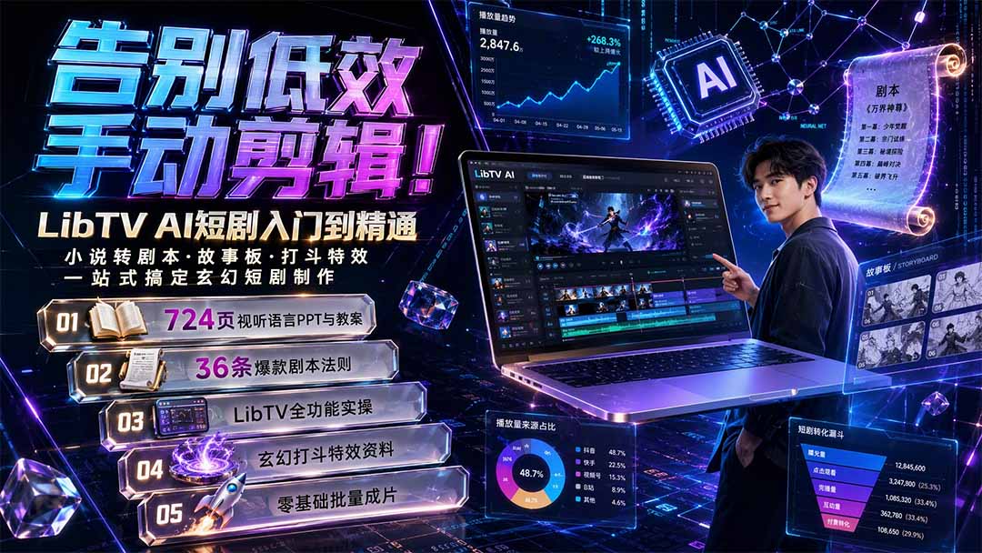 LibTV AI短剧制作全流程，小说转剧本、故事板到玄幻打斗特效，附724页视听语言课件 - 缩略图