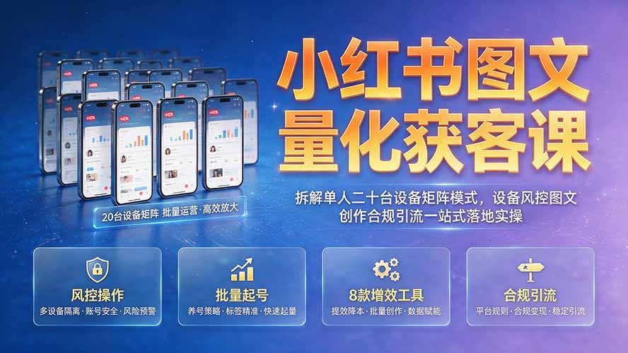 小红书图文量化获客，单人20台设备矩阵落地，手机5清、网络隔离、图文批量去重与合规引流 - 缩略图