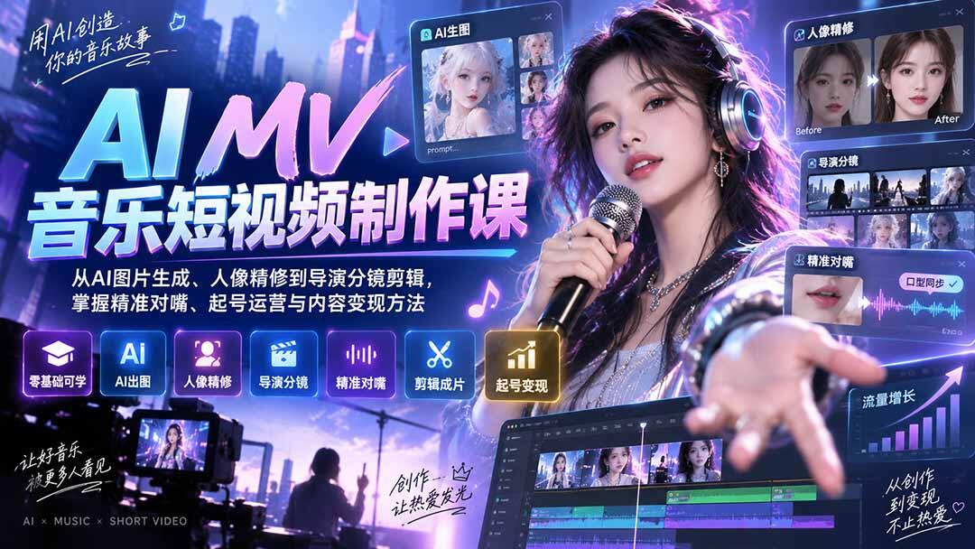 AI MV音乐号实操课，零基础不出镜，从AI出图、人像精修到精准对嘴和起号运营 - 缩略图