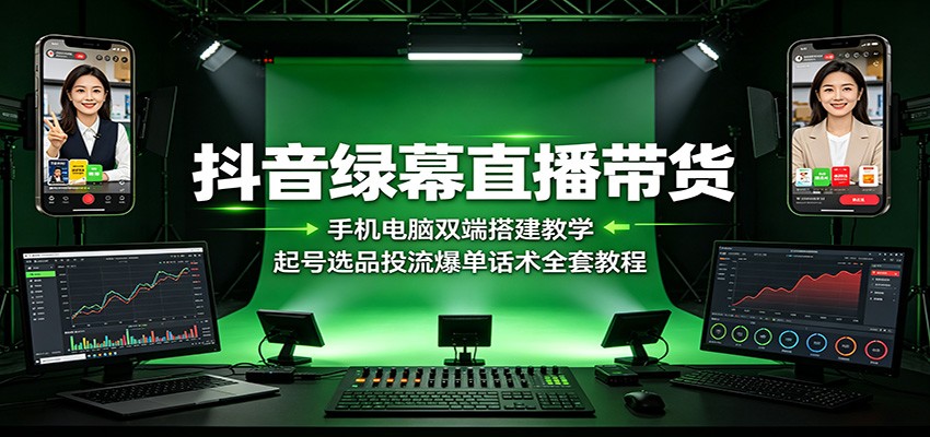 抖音绿幕直播带货实操，手机电脑双端搭建，三种起号玩法、选品爆单话术和投流拆解 - 缩略图
