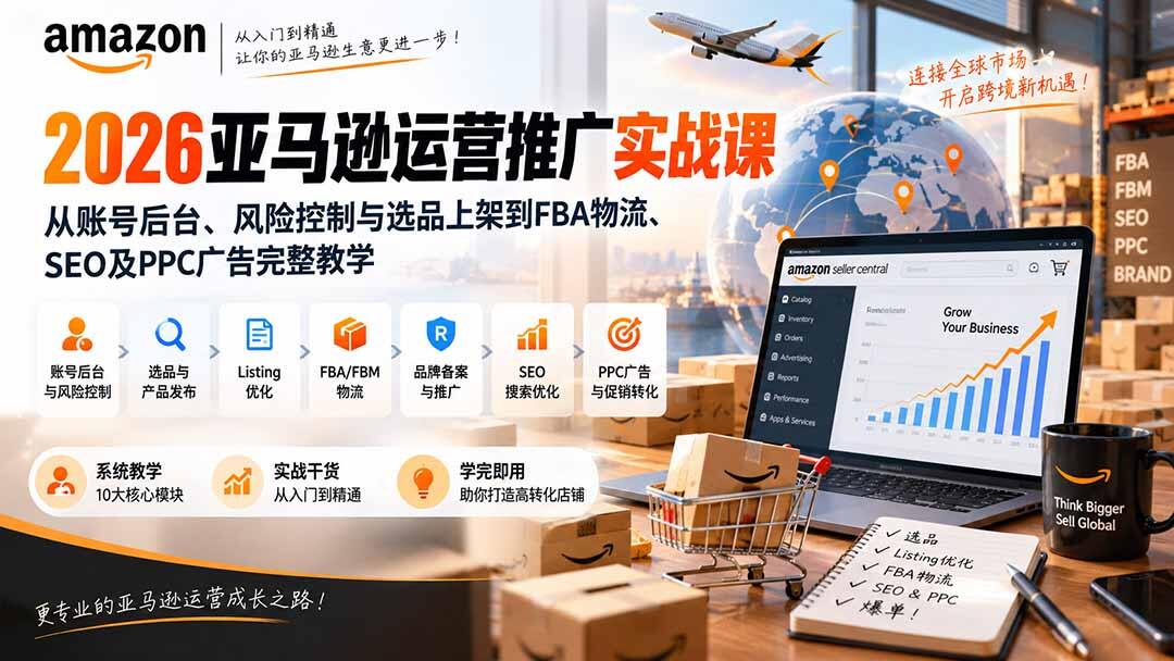 2026亚马逊运营推广实战课，从账号后台、选品上架到FBA物流和PPC广告10个模块 - 缩略图