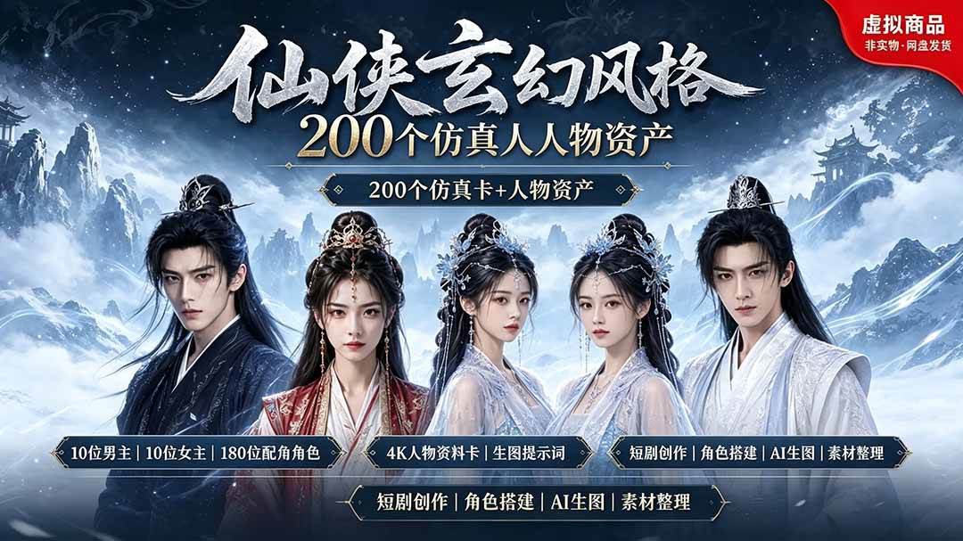 仙侠玄幻人物素材合集，200款男女主角与配角形象加AI绘图提示词，做AI漫剧短剧直接可用 - 缩略图