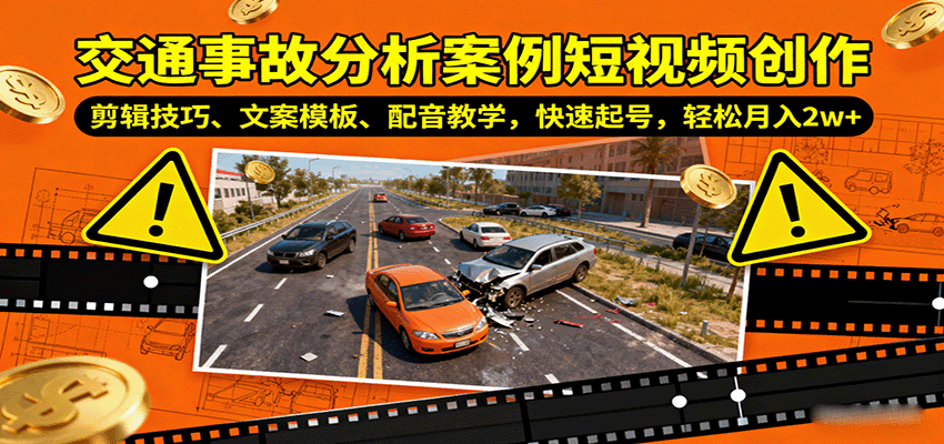 交通事故分析案例短视频冷门赛道，剪辑、文案模板、配音教学，新号也能进独家收益月入2w+ - 缩略图