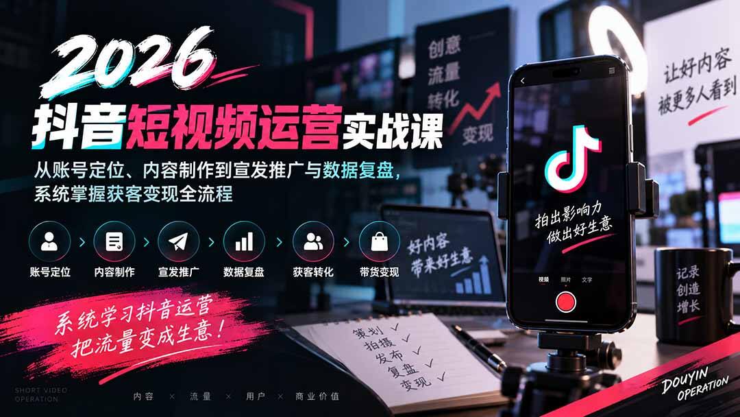 抖音短视频运营实战课，从账号定位、内容制作到数据复盘与获客带货变现，8大模块打通全流程 - 缩略图