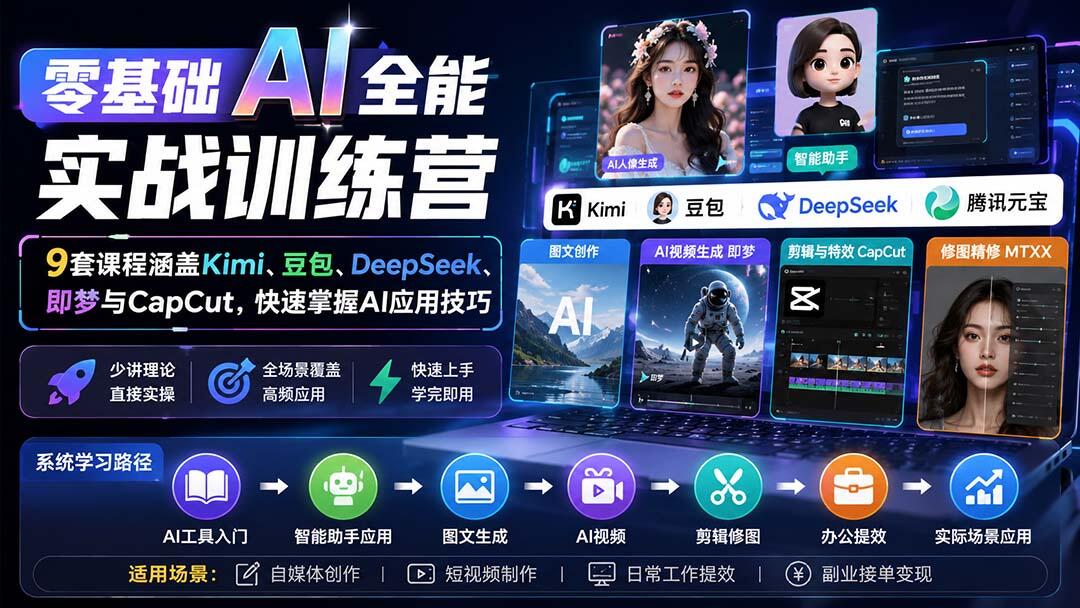 零基础AI全能实战合集，9套课程覆盖Kimi、豆包、DeepSeek、即梦、CapCut与剪辑修图、办公提效 - 缩略图