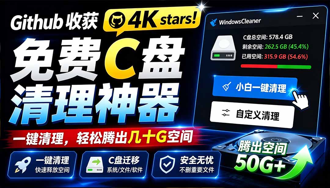 GitHub 4K stars的开源C盘清理工具Windows Cleaner，免安装、本地运行无广告，还支持C盘迁移 - 缩略图