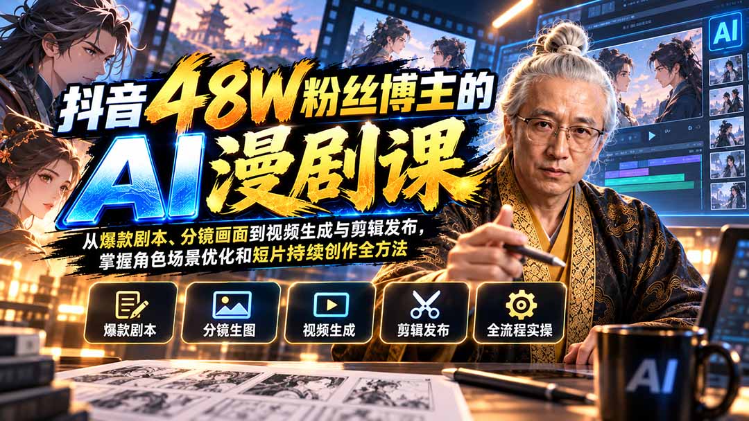 抖音43W粉博主的AI漫剧实战课，零成本从剧本分镜到剪辑发布全流程 - 缩略图