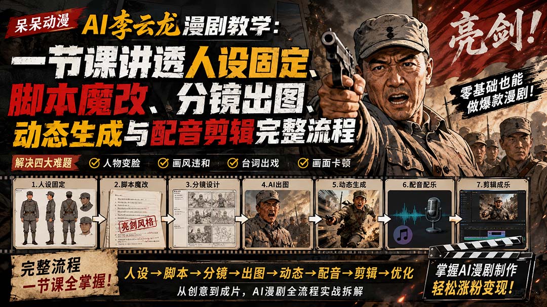 呆呆动漫AI李云龙漫剧教学，一节课讲透人设固定、脚本魔改、分镜出图到配音剪辑全流程 - 缩略图