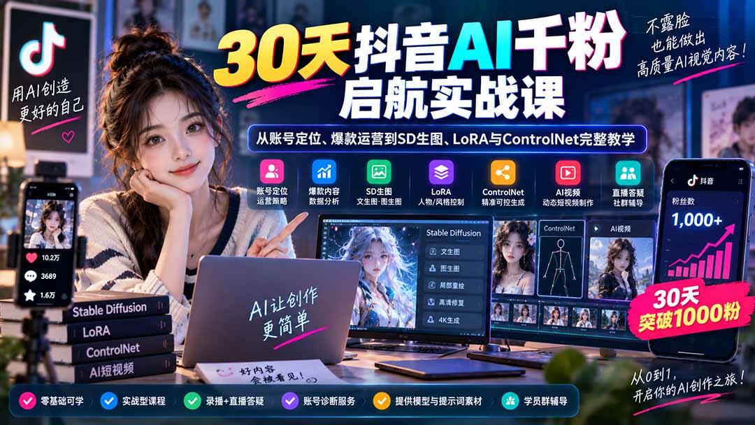 抖音AI不露脸起号课，Stable Diffusion从文生图到LoRA、ControlNet人物一致性与动态视频全流程 - 缩略图