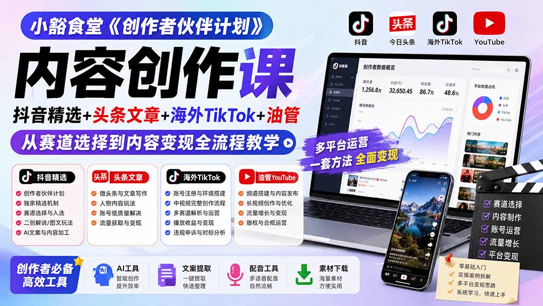 小豁食堂创作者伙伴计划课，抖音独家精选+头条文章+海外Tk中视频变现全流程 - 缩略图