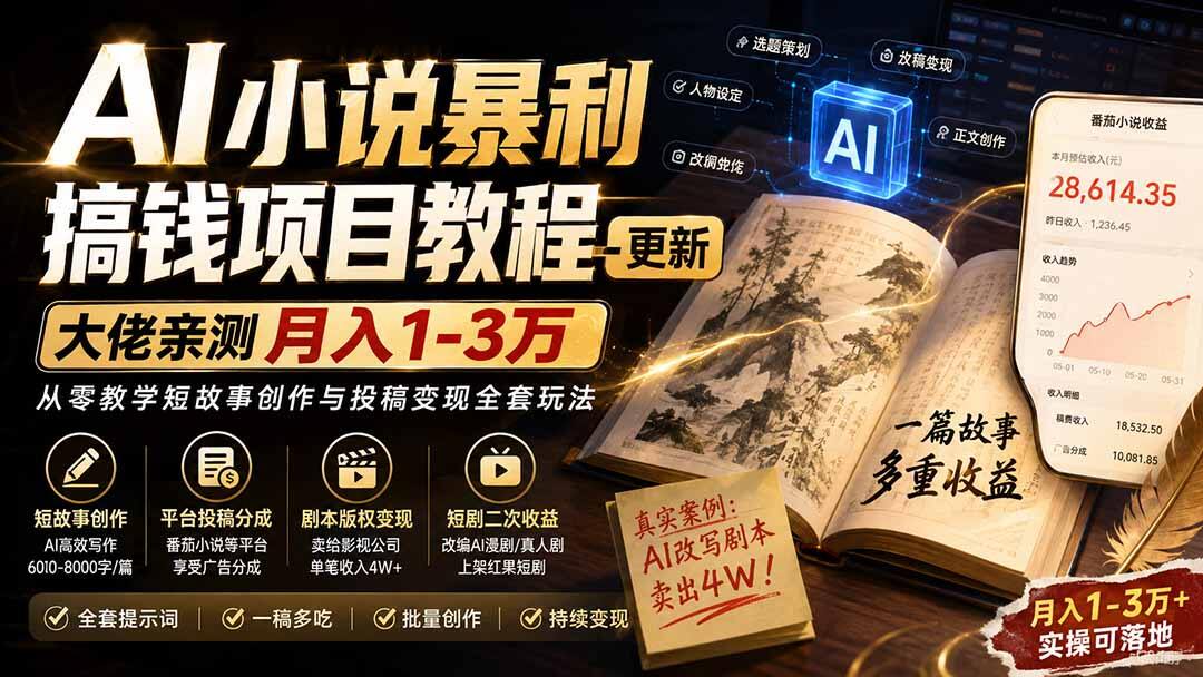 番茄小说AI短故事，全套提示词写稿改稿去AI味，一稿多吃赚分成还能卖剧本 - 缩略图