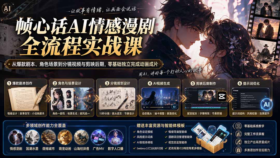 AI情感漫剧全流程实战课，爆款剧本、角色场景生图到分镜视频和剪映后期，零基础也能独立完成动画成片 - 缩略图