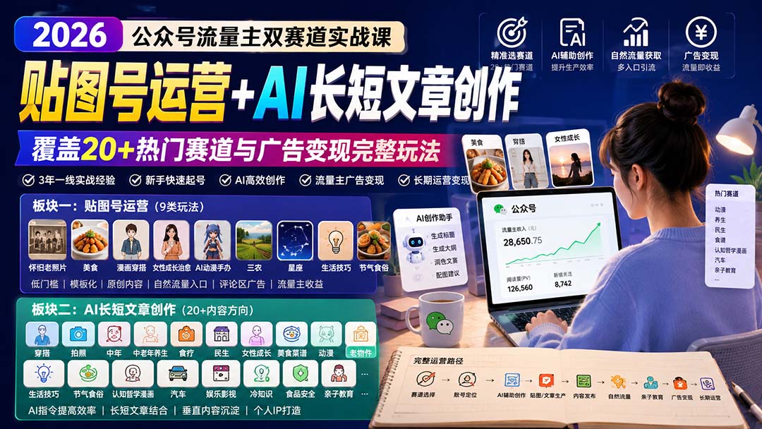 公众号流量主贴图号+AI长短文章，覆盖20多个赛道，从起号养号到广告变现全流程 - 缩略图