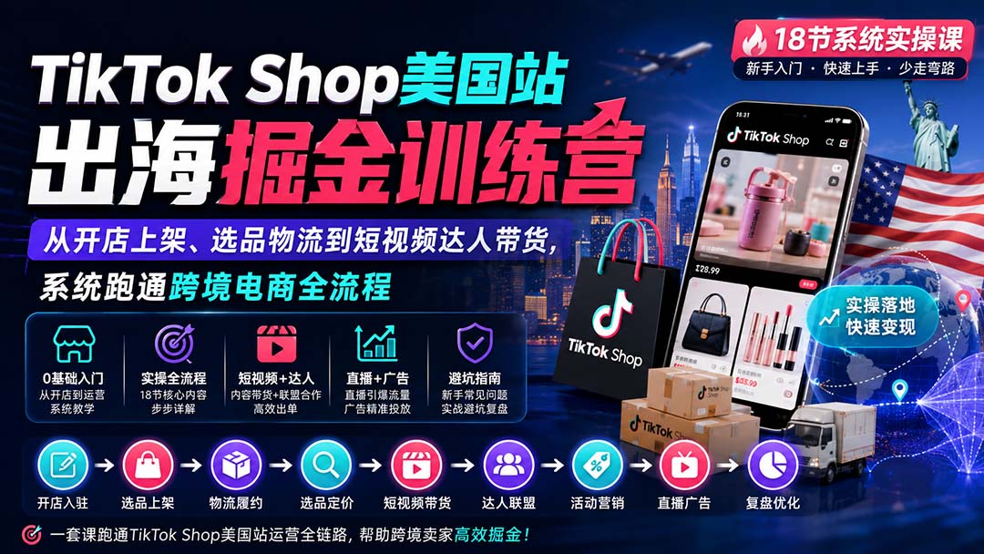 TikTok Shop美国站实操课，从开店上架、选品物流到达人联盟带货跑通全流程 - 缩略图