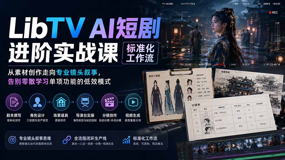 LibTV AI短剧进阶实操课，从角色三视图、分镜到镜头叙事的标准化工作流 - 缩略图