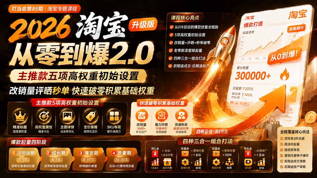 2026淘宝从0到爆2.0第85期，主推款5项高权重初始设置、改销量评晒秒单快速破零 - 缩略图