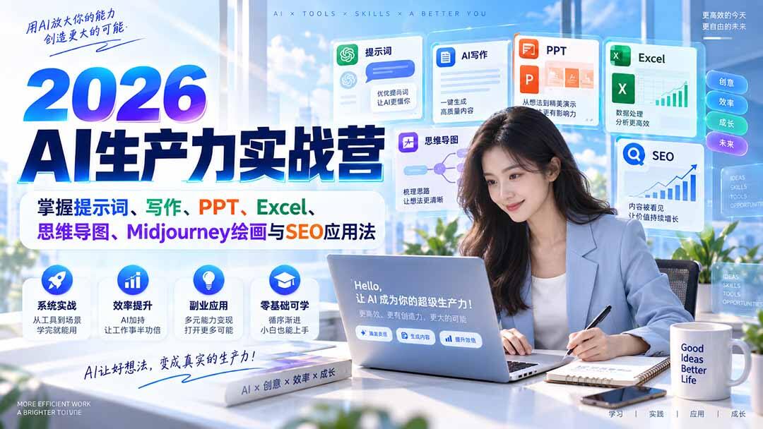零基础AI生产力实战课，提示词、AI写作、PPT、Excel、思维导图到Midjourney绘画和SEO应用 - 缩略图